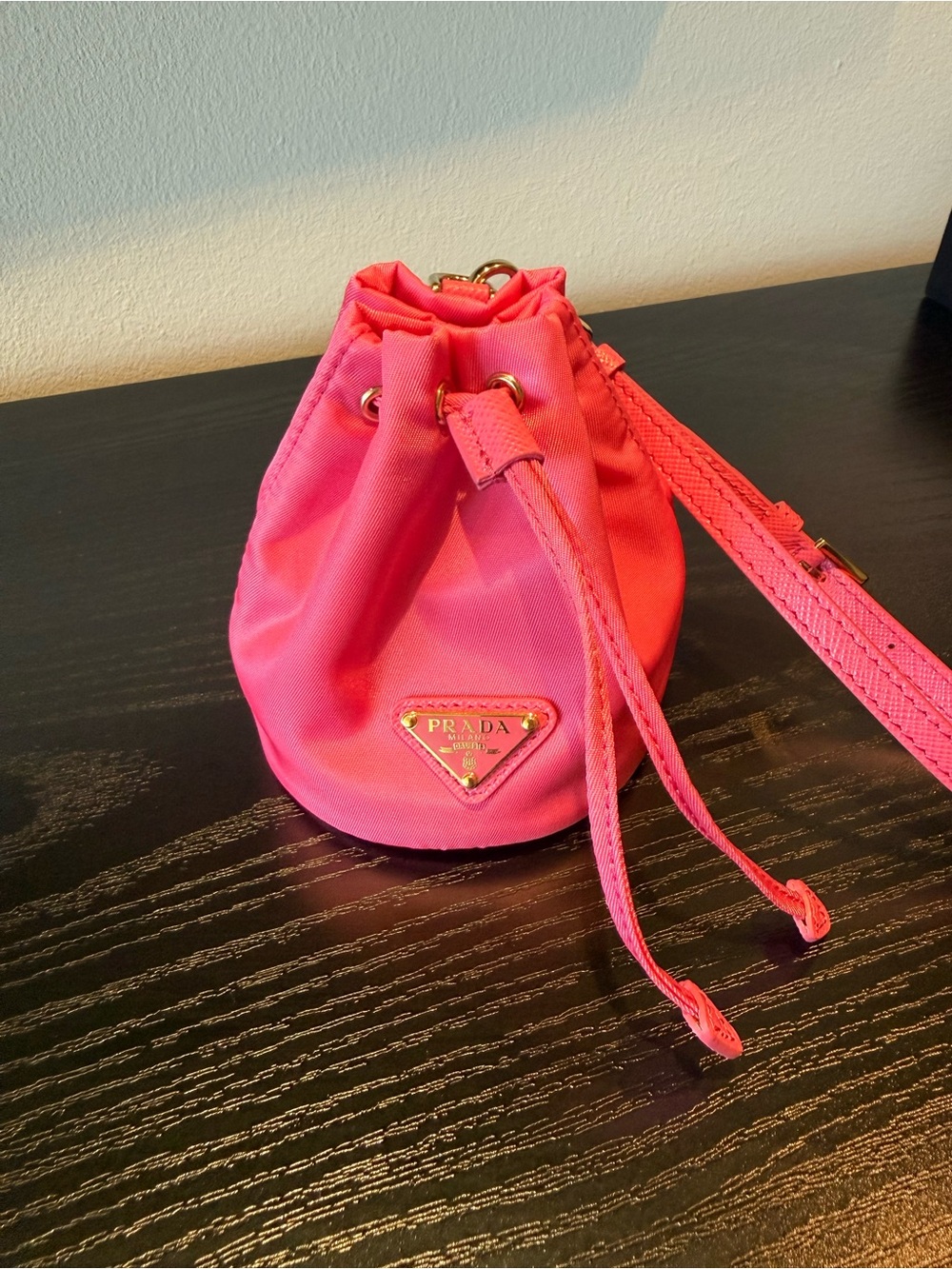 Prada Mini Re-Nylon Bucket Charm in hot pink with Gold Hardware